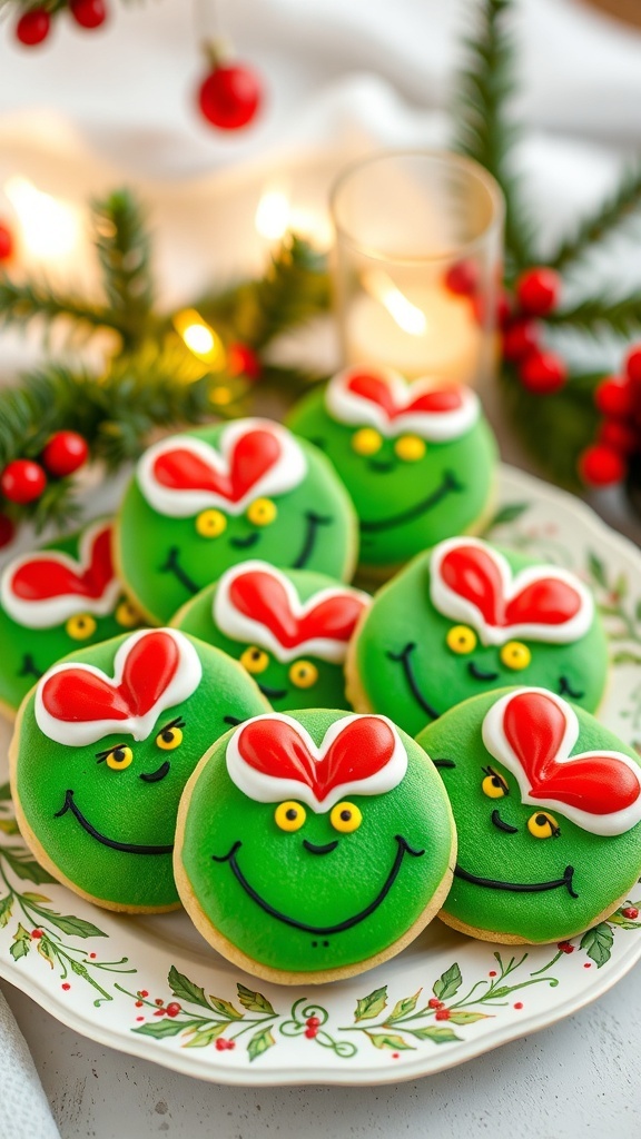 Grinch-themed Christmas cookies with green color and heart decorations on a festive plate.